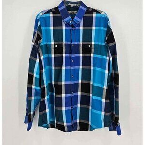 Express Fitted Mens Blue Black Plaid Button up Collared Shirt Sz Lg